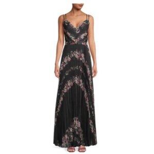 Marchesa Notte Pleated Chiffon Floral-Print Belted Sleeveless Dress Size-8 Black